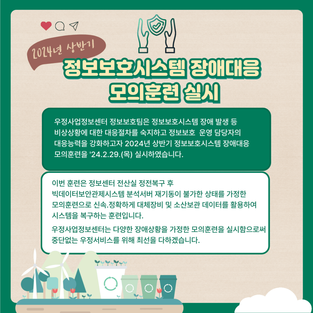 2024년 상반기 정보보호시스템 장애대응 모의훈련 실시

우정사업정보센터 정보보호팀은 정보보호시스템 장애 발생 등 비상상황에 대한 대응절차를 숙지하고 정보보호 운영 담당자의 대응능력을 강화하고자 2024년 상반기 정보보호시스템 장애대응 모의훈련을 ‘24.2.29(목) 실시하였습니다.

이번 훈련은 정보센터 전산실 정전복구 후 빅데이터보안관제시스템 분석서버 재기동이 불가한 상태를 가정한 모의훈련으로 신속·정확하게 대체장비 및 소산데이터를 활용하여 시스템을 복구하는 훈련입니다.

우정사업정보센터는 다양한 장애상황을 가정한 모의훈련을 실시함으로써 중단없는 우정서비스를 위해 최선을 다하겠습니다.