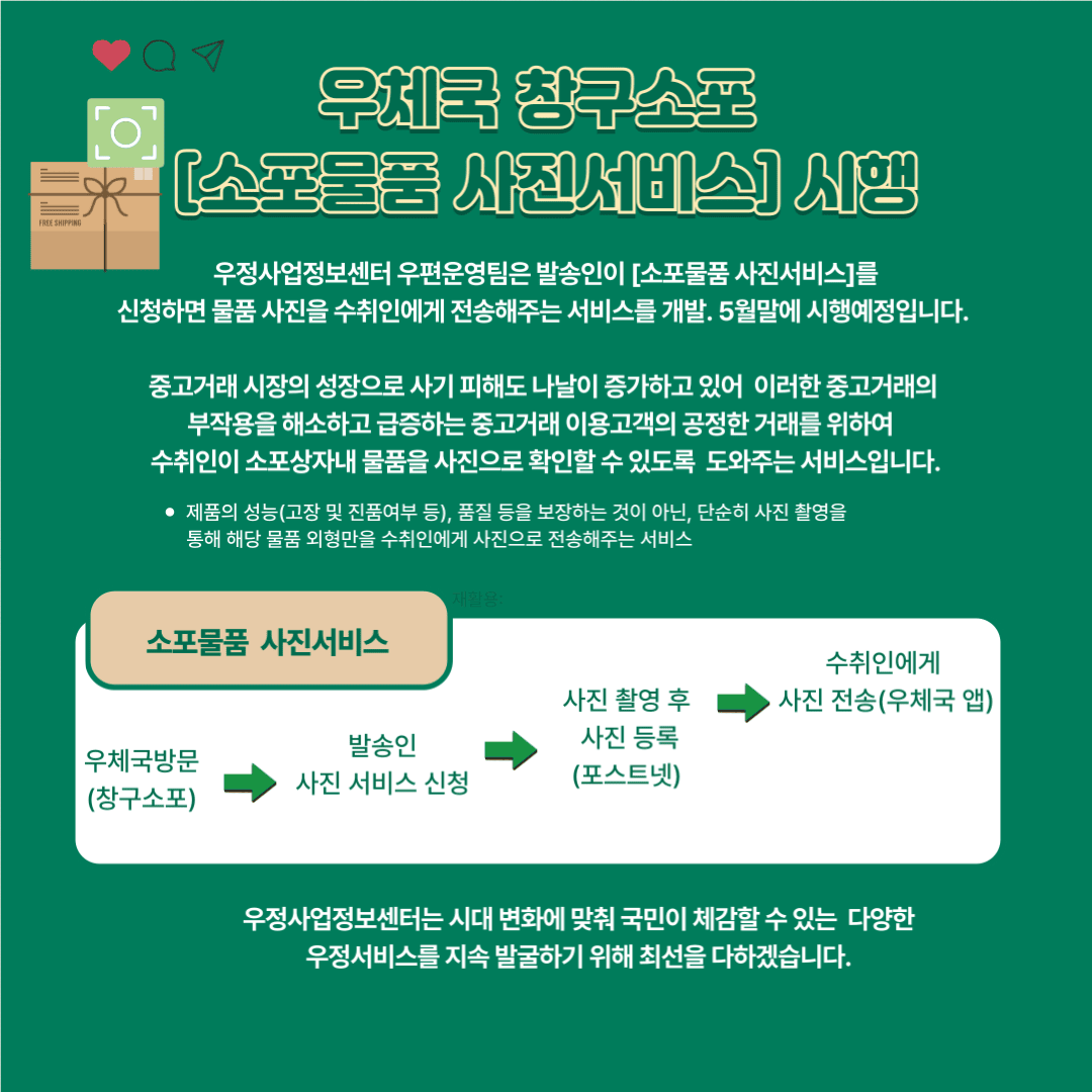 우체국 창구소포 「소포물품 사진서비스」시행

우정사업정보센터 우편운영팀은 발송인이 「소포물품 사진서비스」를 신청하면 물품 사진을 수취인에게 전송해주는 서비스를 개발·5월말 시행예정입니다.

중고거래 시장의 성장으로 사기 피해도 나날이 증가하고 있어 이러한 중고거래의 부작용을 해소하고 급증하는 중고거래 이용고객의 공정한 거래를 위하여 수취인이 소포상자내 물품을 사진으로 확인할 수 있도록 도와주는 서비스입니다.
 * 제품의 성능(고장 및 진품여부 등), 품질 등을 보장하는 것이 아닌, 단순히 사진 촬영을 통해 해당 물품 외형만을 수취인에게 사진으로 전송해주는 서비스

소포물품 사진서비스
우체국방문(창구소포)→발송인: 사진 서비스 신청→
사진 촬영 후 사진 등록(포스트넷)→수취인에게 사진 전송(우체국 앱)

우정사업정보센터는 시대 변화에 맞춰 국민이 체감할 수 있는 다양한 우정서비스를 지속 발굴하기 위해 최선을 다하겠습니다.