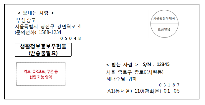 보내는사람 우정광고 서울특별시 광진구 강번역로 4 (문의전화) 1588-1234 05048 생활정보홍보우편물(반송불필요)