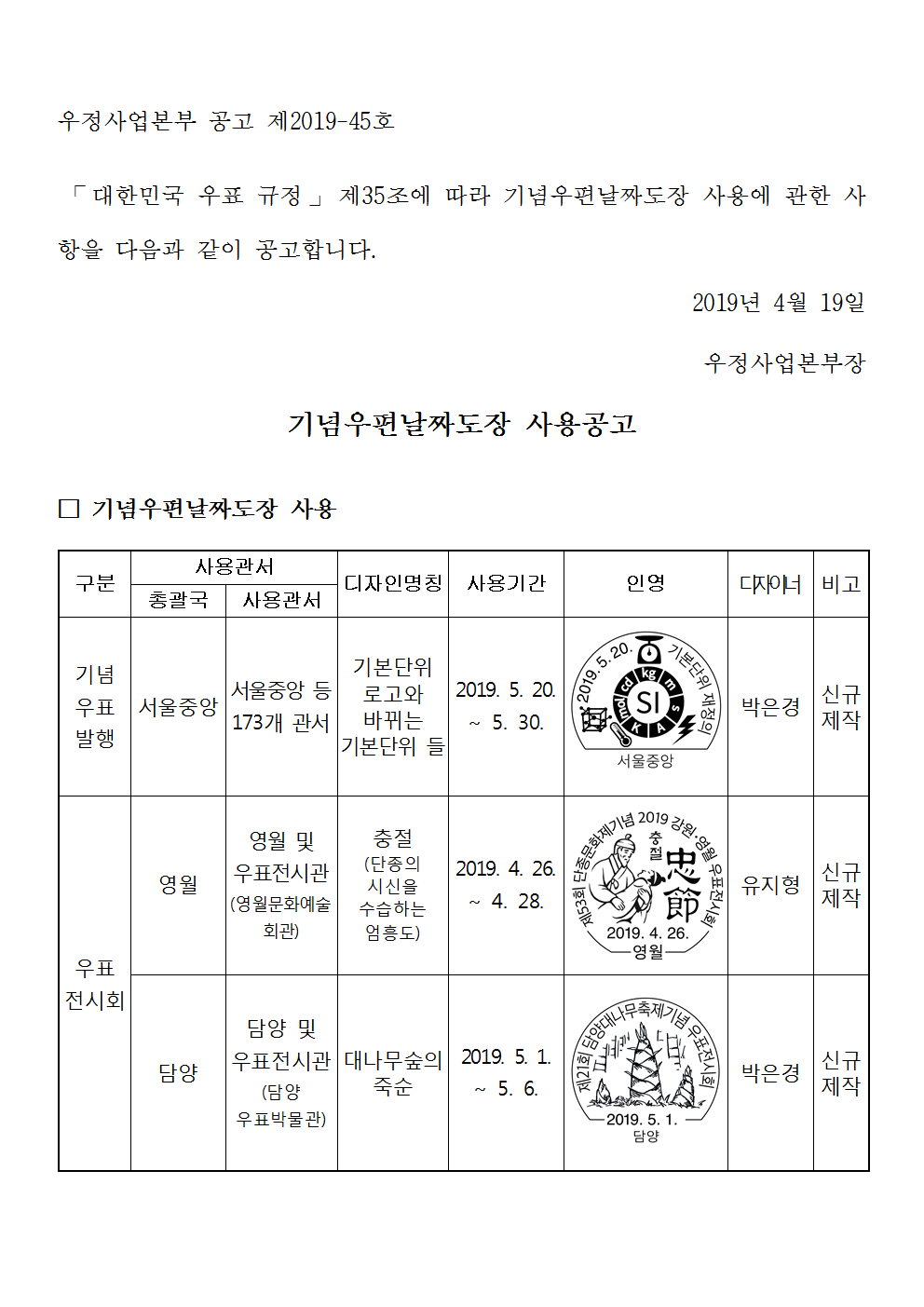 우정사업본부 공고 제2019-45호(기념우편날짜도장 사용공고)001.png