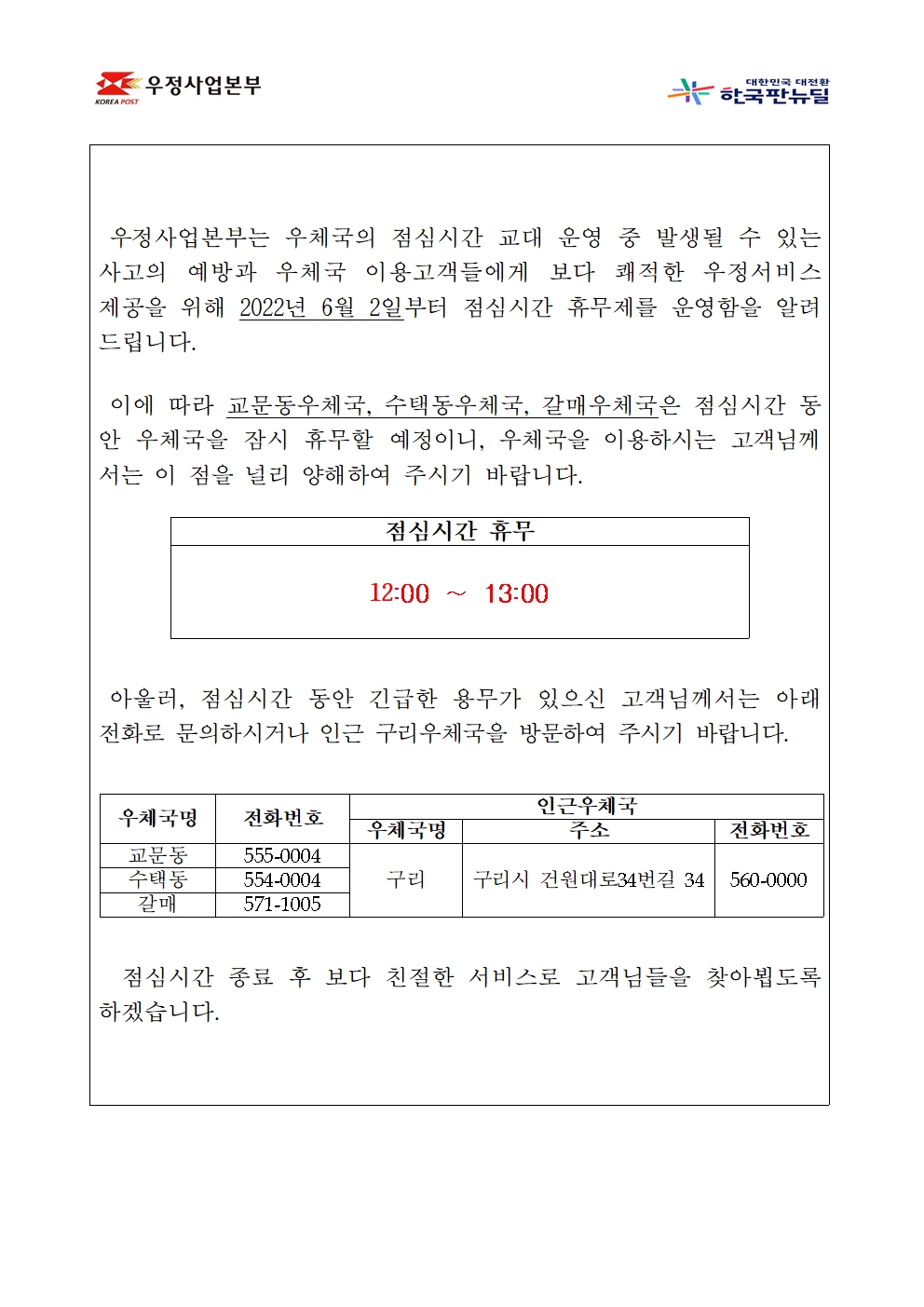 구리 관내우체국(교문동, 수택동, 갈매우체국) 점심시간 12:00~13:00 휴무안내 