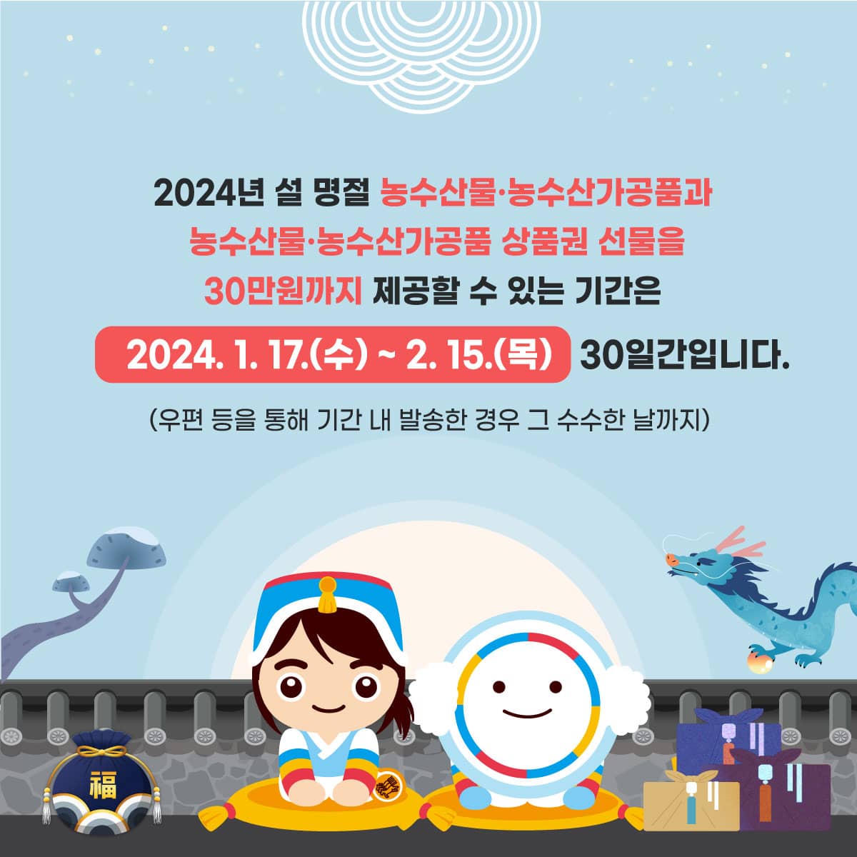 2024년 설 명절 농수산물 및 농수산가공품과 농수산물 및 농수산가공품 상품권 선물을 30만원까지 제공할 수 있는 기간은 2024.1.17.(수) ~ 2.15.(목) 30일간입니다.
(우편 등을 통해 기간 내 발송한 경우 그 수수한 날까지)