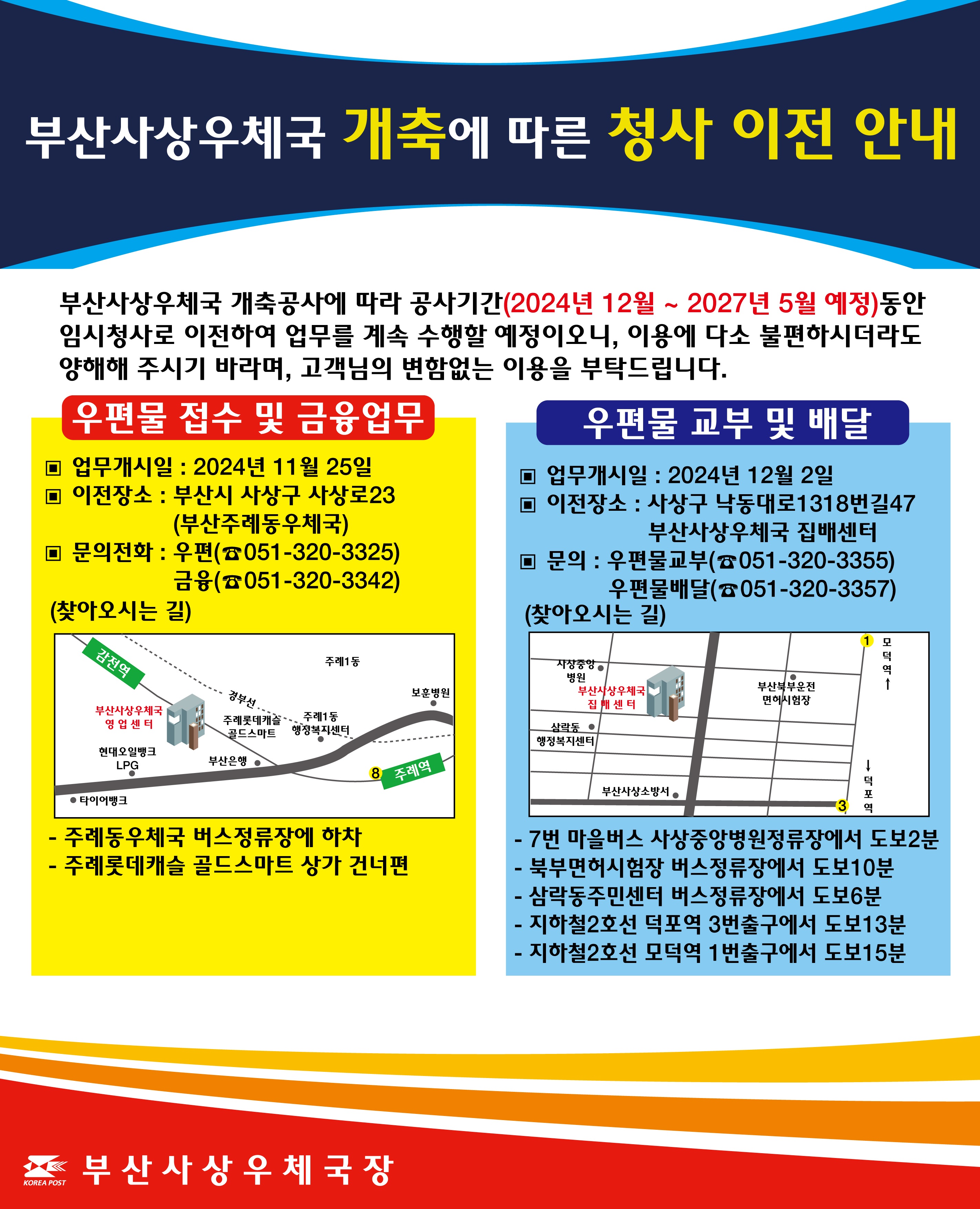 부산사상우체국 개축에 따른 청사 이전 안내
부산사상우체국 개축공사에 따라 공사기간(2024년 12월 ~ 2027년 5월 예정) 동안 임시청사로 이전하여 업무를 계속 수행할 예정이오니, 이용에 다소 불편하시더라도 양해해 주시기 바라며, 고객님의 변함없는 이용을 부탁드립니다.
우편물 접수 및 금융 업무
업무개시일: 2024년 11월 25일
이전장소: 부산시 사상구 사상로23(부산주례동우체국)
문의전화: 우편 051-320-3325, 금융 051-320-3342
찾아오시는길
- 주례동우체국 버스정류장에 하차
주례롯데캐슬 골드스카트 상가 건너편

우편물 교부 및 배달
업무개시일: 2024년 12월 1일
이전장소: 사상구 낙동대로1318번길47
부산사상우체국 집배센터
문의: 우편물교부 051-320-3355, 우편물배달 051-320-3357
찾아오시는 길
-7번 마을버스 사상중앙병원정류장에서 도보 2분
-북부면허시험장 버스정류장에서 도보10분
-삼락동 주민센터 버스정류장에서 도보6분
- 지하철2호선 덕포역 3번출구에서 도보13분
- 지하철2호선 모덕역 1번출구에서 도보15분
부산사상우체국장