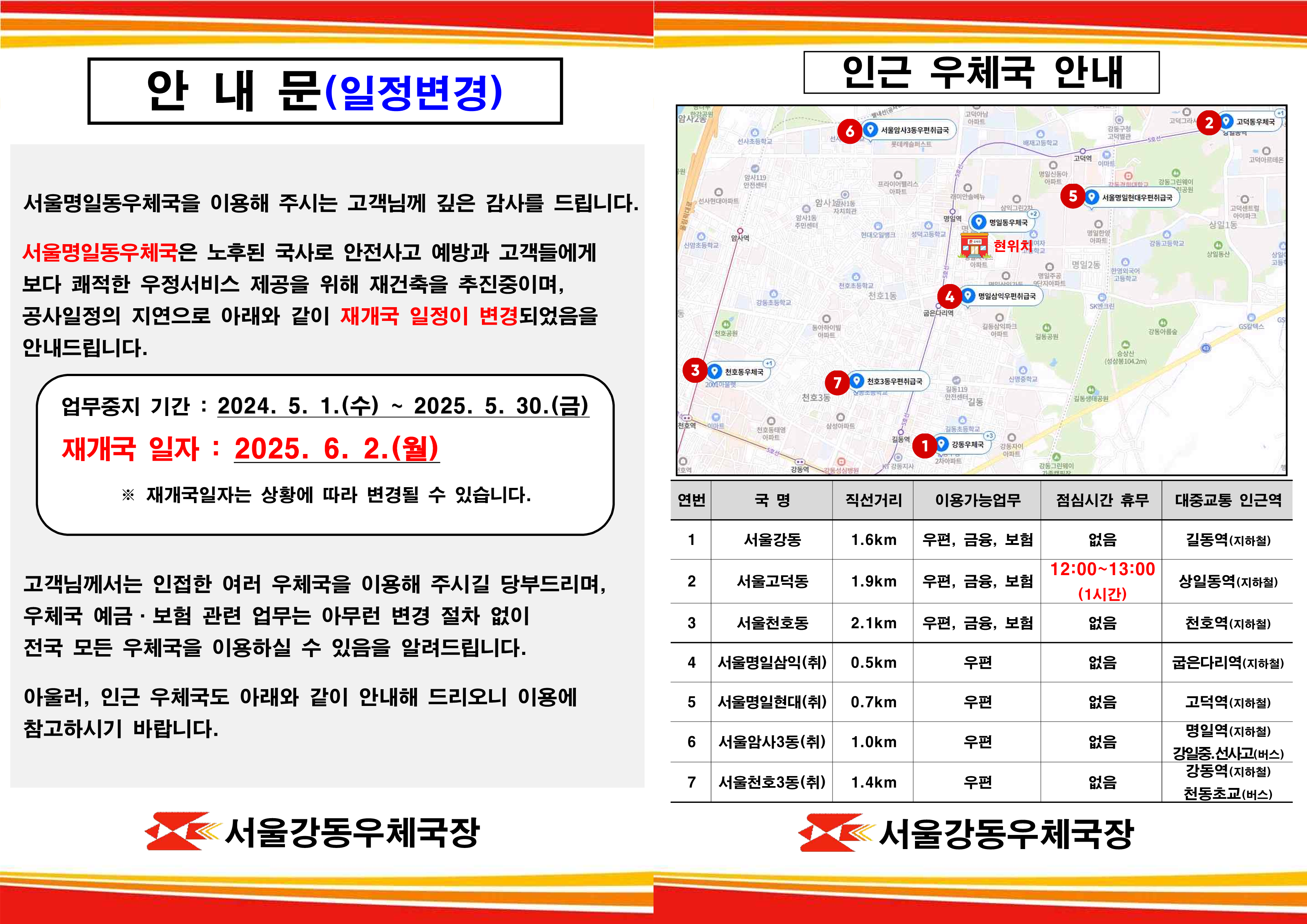 안내문(일정변경)
서울명일동우체국을 이용해 주시는 고객님께 깊은 감사를 드립니다. 
서울명일동우체국은 노후된 국사로 안전사고 예방과 고객들에게 보다 쾌적한 우정서비스 제공을 위해 재건축을 추진중이며, 공사일정의 지연으로 아래와 같이 재개국 일정이 변경되었음을 안내드립니다.
업무중지기간: 2024.5.1.(수)~2025.5.30.(금)
재개국일자:2025.6.2.(월)
*재개국일자는 상황에 따라 변경될 수 있습니다.
고객님께서는 인접한 여러 우체국을 이용해 주시길 당부드리며, 우체국 예금 보험 관련 업무는 아무런 변경 절차 없이 전국 모든 우체국을 이용하실 수 있음을 알려드립니다.
아울러, 인근 우체국도 아래와 같이 안내해 드리오니 이용에 참고하여주시기 바랍니다. 

인근우체국 안내
연번 국명 직선거리 이용가능업무 점심시간휴무 대중교통 인근역
1. 서울강동- 1.6km-우편, 금융, 보험-없음-길동역(지하철)
2. 서울고덕동- 1.9Km-우편, 금융, 보험-12:00~13:00(1시간)-상일동역(지하철)
3. 서울천호동- 2.1km-우편, 금융, 보험-없음-천호역(지하철)
4. 서울명일삼익(취)- 0.5km-우편-없음-굽은다리역(지하철)
5. 서울명일현대(취)-0.7km-우편-없음-고덕역(지하철)
6. 서울암사3동(취)-1.0km-우편-없음-명일역(지하철)강일중.선사고(버스)
7.서울천호3동(취)-1.4km-우편-없음-강동역(지하철)천동초교(버스)

서울강동우체국장