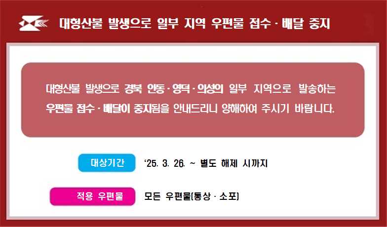 대형산불 발생으로 일부지역 우편물 접수·배달 중지

대형산불 발생으로 경북 안동(일부), 영덕(일부), 의성(일부) 지역 등으로 발송하는 우편물 접수 및 배달이 중지됨을 안내드리니 서비스 이용에 참고하여 주시기 바랍니다.

대상기간: 2025.03.26. ~ 별도 해제시 까지
적용 우편물: 모든 우편물(통상·소포)