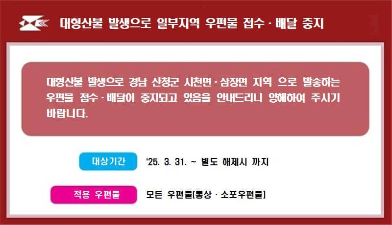 대형산불 발생 관련 일부 지역 우편물 접수·배달 중지 안내

대형산불 발생 상황 변경으로 경남 산청군 시천면·삼장면 지역으로 발송하는 우편물 접수·배달이 중지되고 있음을 안내드리니 양해하여 주시기 바랍니다.

대상기간: 2025.3.31. ~ 별도 재개 안내 시까지
적용 우편물: 모든 우편물(통상·소포우편물)
