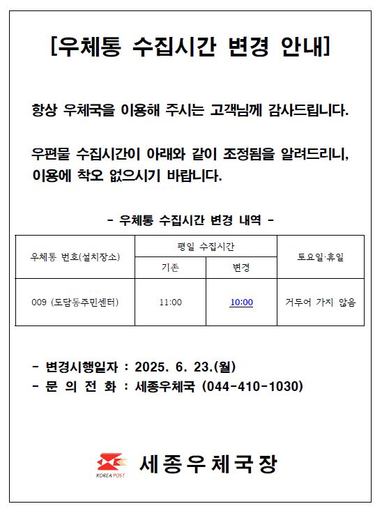 우체통 수집시간 변경 안내
항상 우체국을 이용해 주시는 고객님께 감사드립니다.
우편물 수집시간이 아래와 같이 조정됨을 알려드리니, 이용에 착오 없으시기 바랍니다.

우체통번호 009 설치장소 도담동주민센터
평일수집시간 기존 11시에서 변경 10시
토요일 휴일 거두어가지 않음

변경시행일자 2025년 6월 23일 월요일
문의전화 세종우체국 044-410-1030

세종우체국장