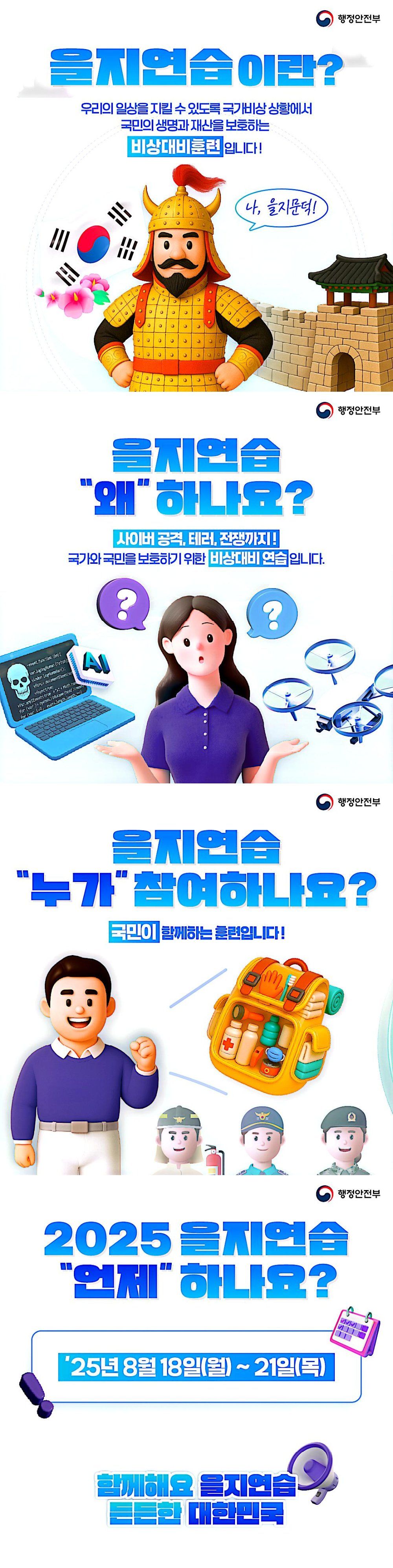 그림1 : 을지연습이란 우리의 일상을 지킬 수 있도록 국가비상상황에서 국민의 생명과 재산을 보호하는 비상대비훈련입니다.
그림2: 을지연습 왜 하나요? 사이버공격, 테러, 전재악지 국가와
국민을 보호하기 위한 비상대비 연습입니다.
그림3: 을지연습 누가 참여하나요? 국민이 함께하는 훈련입니다.
그림4:2025 을지연습 언제 하나요? 2025. 8. 18 ~ 8.21.
함꼐해요 을지연습
든든한 대한민국