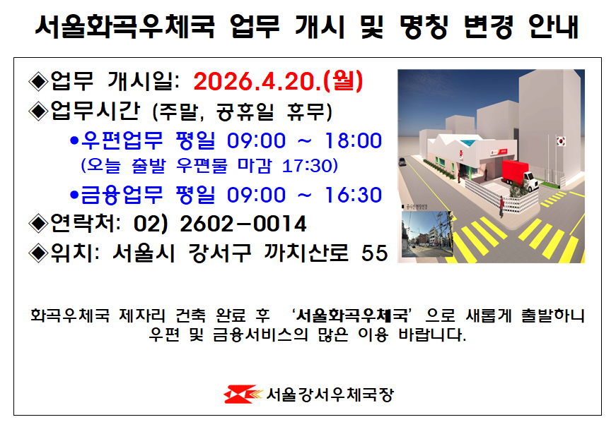 서울화곡우체국 업무개시 및 명칭변경 안내

업무개시일: 2026.4.20.(월)
업무시간(주말, 공휴일 휴무) 
우편: 평일 09:00~18:00, 금융: 평일 09:00~16:30
(오늘 출발 우편물 마감 17:30)
연락처: 02-2602-0014
위치: 서울시 강서구 까치산로 55

화곡우체국 제자리건축 완료 후 서울화곡우체국 새롭게 출발하니 우편 및 금융서비스의 많은 이용 바랍니다.

서울강서우체국장