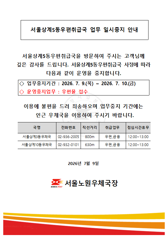 안내문

서울상계5동우편취급국 업무 일시중지 안내

서울상계5동우편취급국을 방문하여 주시는 고객님께 깊은 감사를 드립니다. 서울상계5동우편취급국 사정에 따라 다음과 같이 운영을 중지합니다.

◇ 업무중지기간: 2026. 7. 9.(목) ~ 2026. 7. 10.(금)
◇ 운영중지업무: 우편물 접수

이용에 불편을 드려 죄송하오며 업무중지 기간에는 인근 우체국을 이용하여 주시기 바랍니다.

국명: 서울상계3동우체국, 전화번호: 02-936-2005, 직선거리: 800m, 취급업무: 우편, 금융, 점심시간 휴무: 12:00~13:00
국명: 서울상계10동우체국, 전화번호: 02-932-0101, 직선거리: 630m, 취급업무: 우편, 금융, 점심시간 휴무: 12:00~13:00

2026년 7월 9일

서울노원우체국장

