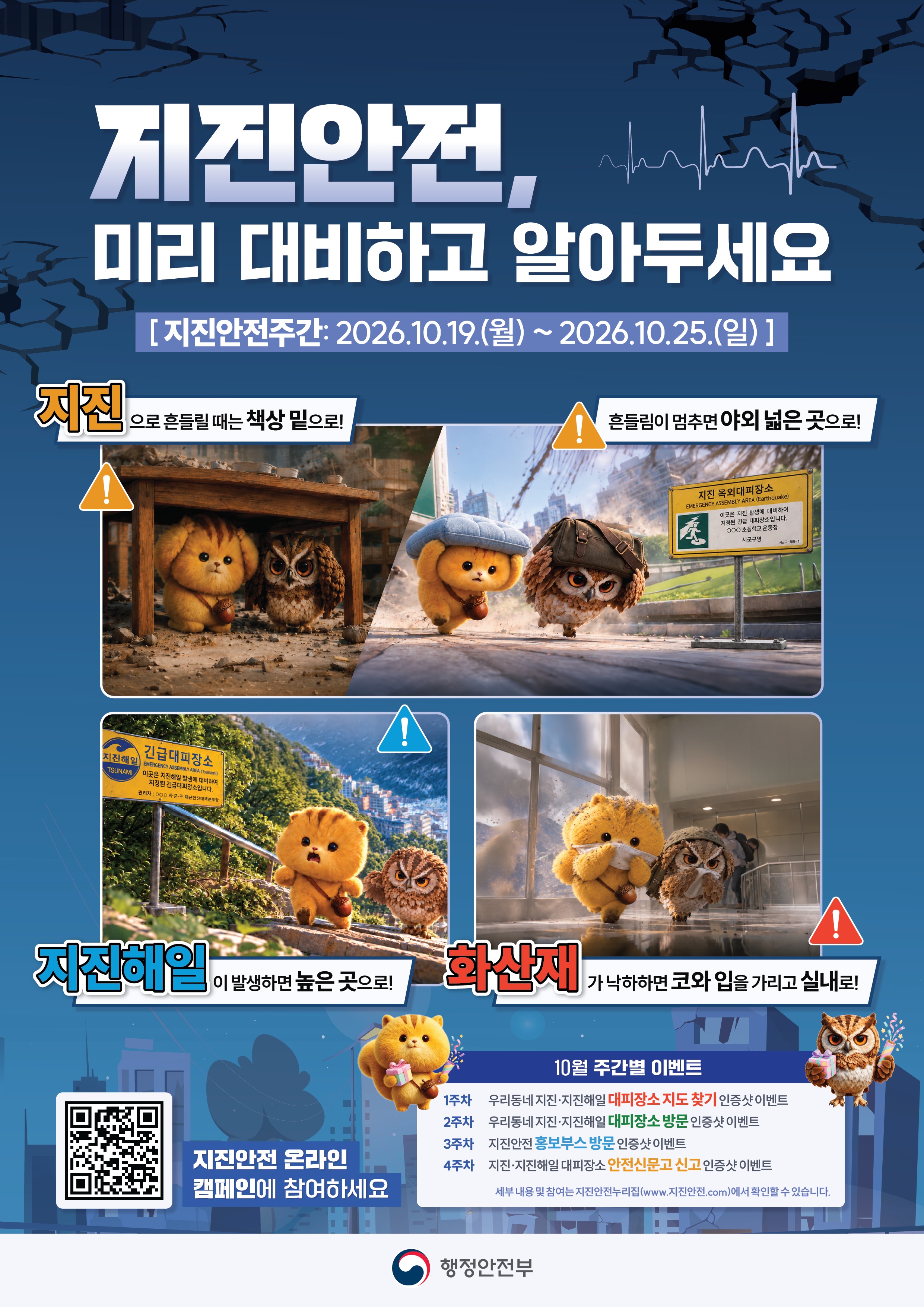 지진안전, 미리 대비하고 알아두세요
지진안전주간: 2026.10.19.(월)~2026.10.25.(일)
지진으로 흔들릴 때는 책상 밑으로!
흔들림이 멈추면 야외 넓은 곳으로!
지진해일이 발생하면 높은 곳으로!
화산재가 낙하하면 코와 입을 가리고 실내로!
지진안전 온라인 캠페인에 참여하세요(QR코드 이미지)
10월 주간별 이벤트
1주차 우리동네 지진,지진해일 대피장소 지도 찾기 인증샷 이벤트
2주차 우리동네 지진,지진해일 대피장소 방문 인증샷 이벤트
3주차 지진안전 홍보부스 방문 인증샷 이벤트
4주차 지진,지진해일 대피장소 안전신문고 신고 인증샷 이벤트
세부 내용 및 참여는 지진안전누리집(www.지진안전.com)에서 확인할 수 있습니다. 
행정안전부 