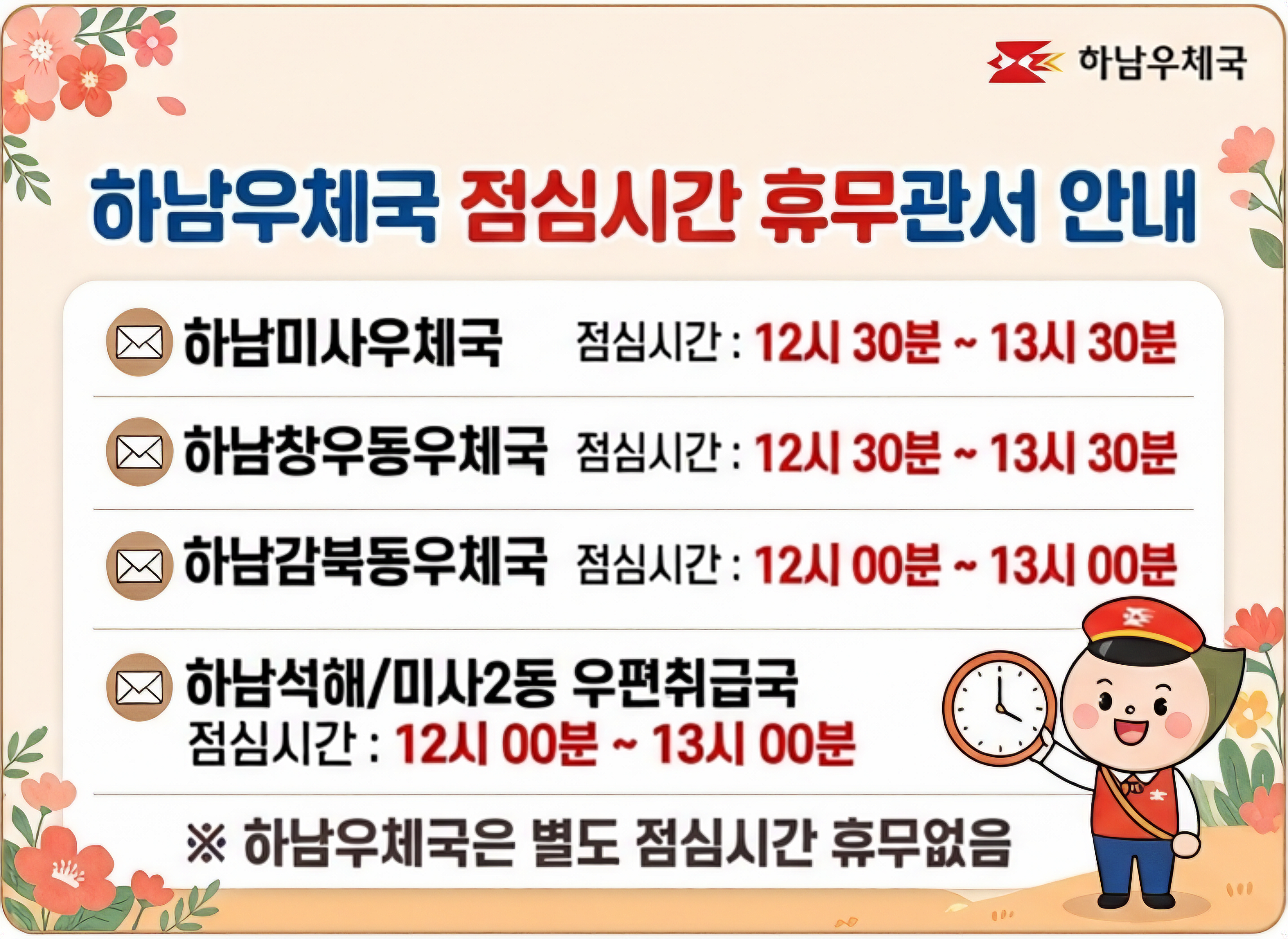 하남우체국 점심시간 휴무관서 안내
1. 하남미사우체국 (점심시간: 12:30~13:30)
2. 하남창우동우체국 (점심시간: 12:30~13:30)
3. 하남감북동우체국 (점심시간: 12:00~13:00)
4. 미사2동/하남석해 우편취급국 (점심시간: 12:00~13:00)